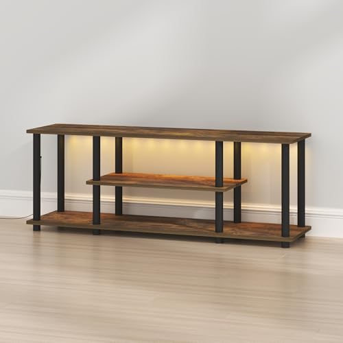 Image of Furinno Turn-N-Tube 3-Tier No Tools TV Stand with LED Lights, Amber Pine | for TV up to 50 Inch, Open Frame Entertainment Center, TV Console for Living Room, Bedroom