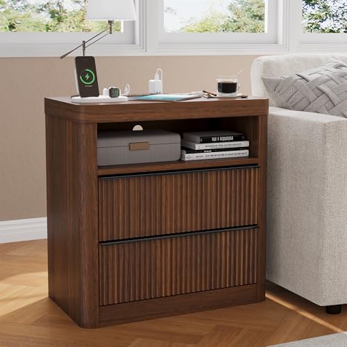 Image of Night Stand,Fluted Nightstands with Drawer Storage Bedside Table Large Modern Nightstand with USB Port and Outlet, Mid Century Nightstand for Bedroom,Sofa Table(Walnut)