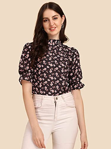Image of Women's Casual Trendy Floral Top with Stylish Short Puffed Sleeves Western Ruffled Collar
