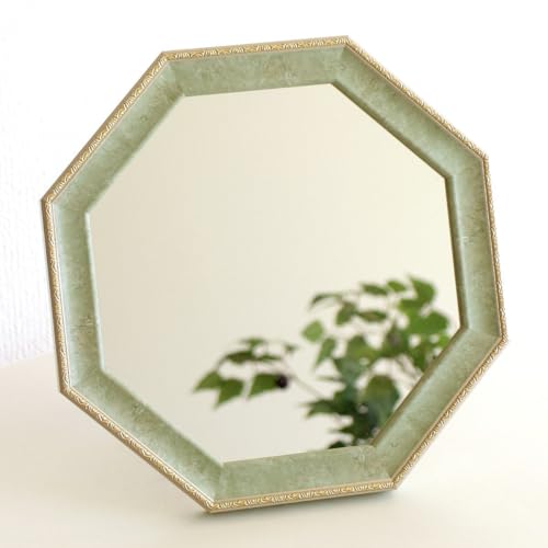 八角形ミラー 八角鏡 玄関 風水 幸運 壁掛け 卓上 コンパクト 25×25cm 小さめ 小さい ウォールミラー 八角ミラー (グリーン)