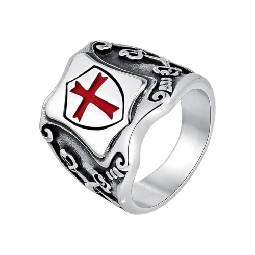 JewelryWe Bague Chevalière Homme Croix Templiers: Bague Croix Catholique des Croisés en Acier Inoxydable avec Motifs Vikings et 18K Plaqué Or – Bijou...