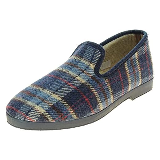 Zapatillas Confortable en Paño a Cuadros de Casa para Hombre. Pantuflas con Forro Felpa de Abrigo para Invierno. Cangrejo Cerradas. Silenciosas. SEVILLAS 91. Marino Talla 43