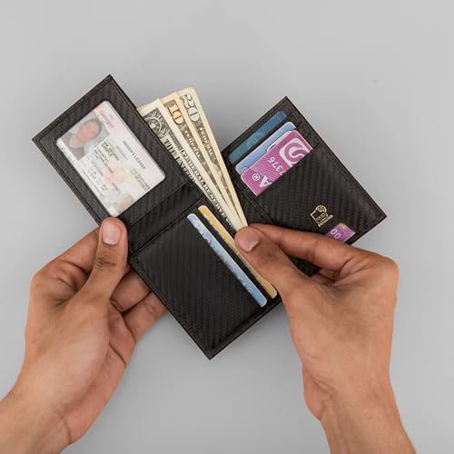 Image of Premium RFID Blocking Wallet for Men Genuine Leather Slim Carbon Texture Bifold with 12 Card Slots Clear ID Window Cash Compartment Secure Everyday Carry Accessory