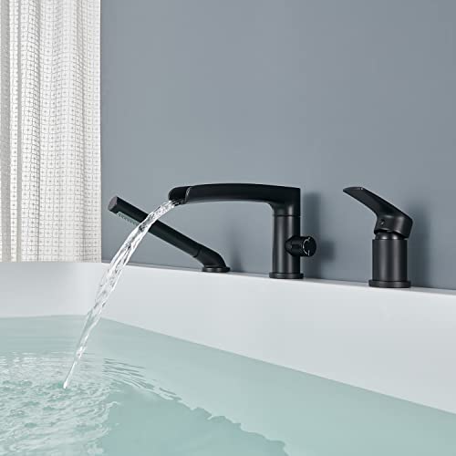 Grifo Wowkk Waterfall Roman para bañera, negro, montaje en cubierta, grifería de latón con ducha de mano miniatura 4
