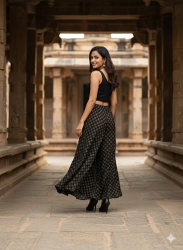 Image of TNQ Full Flared Cotton Palazzo Pants || Gold Print Printed Sharara Garara || Ethnic Or Casual Wear