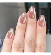 BFY Cat Eye Press on Nails Medium Square Fake Nails, Brown Gel Acrylic Nails, Holographic Glitter...