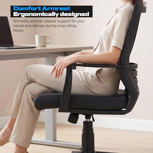 Image of DROGO Lumina Ergonomic Premium Leatherette Office Chair for Work at Home, Computer Chair with Fixed Armrest, Height Adjustable Leather Seat, Rocking, Breathable Mesh & Curve Lumbar Support (Black)