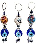 Erbulus Turkish Blue Evil Eye Keychain with Flower Patterned Ceramic Ball - Gift for Men or Women Set of 3 (Ceramic)