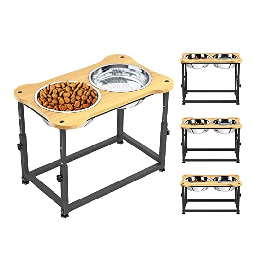 Upgraded Elevated Dog Bowls Adjustable Raised Dog Bowls with 2 Stainless Steel 1.5L Dog Food Bowls, Wood Feeder with Metal Stand, Adjusts to 3 Heights 7.5”, 9.8”, 11.8”for Small Medium Large Dogs