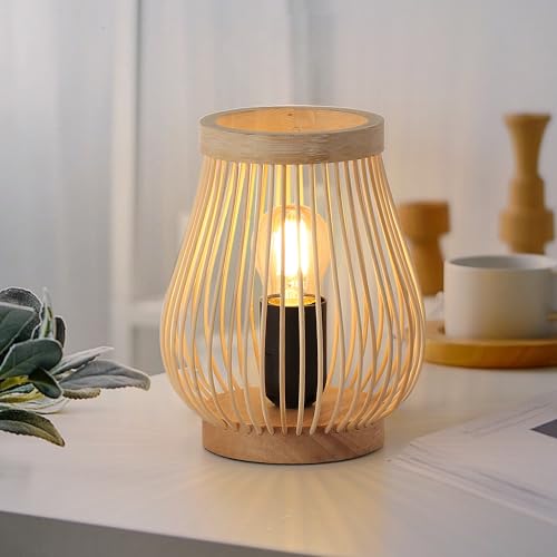 SUNLLOK Boho Tischlampe mit Holz Sockel, Retro Rattan Lampe Kleine...