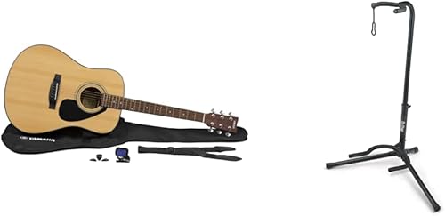 Yamaha GigMaker - Guitarra acústica estándar con bolsa de concierto, afinador, correa y púas - Soporte de guitarra de trípode XCG4 negro natural y