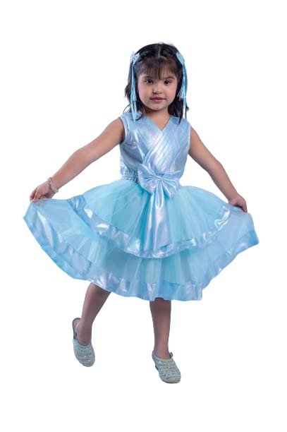 Niren Enterprise Girl's Nylon A-Line Knee-Length Paradise Angle Frock Parent_Blue