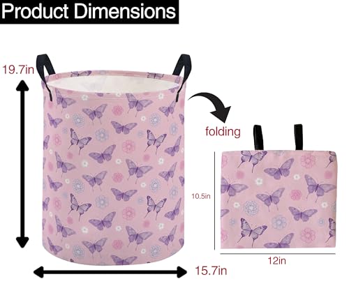 Image of ESSME Kids Laundry Basket,Butterfly Hamper Collapsible Canvas Waterproof Storage Bin for Boys, Cute Hamper,Gift Baskets(Pink butterfly)