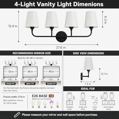 Image of Bathroom Vanity Light, Matte Black Bathroom Lighting Fixtures Over Mirror