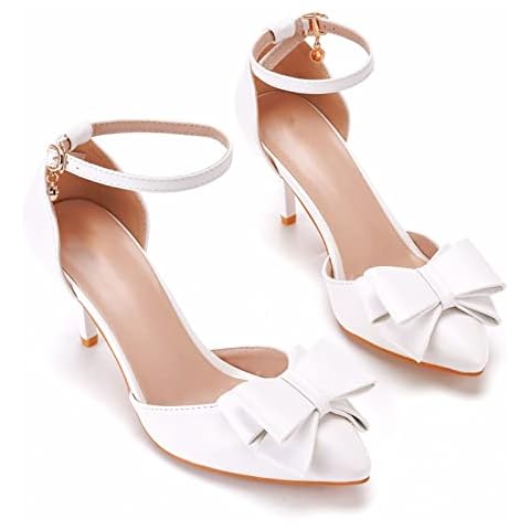 Sandals Wedding Shoes 7Cm Large Size Sandals Stiletto Pointed Toe Sandals White Bow High Heel Bridal Wedding Shoes,White 9.5cm,6.5 UK Cover