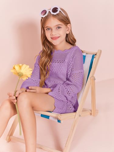 Image of Batermoon Girls Crochet Long Sleeve Swimsuit Cover Up Kids Fashion Hollow Out Swimwear Beach Dress 5-14 Years