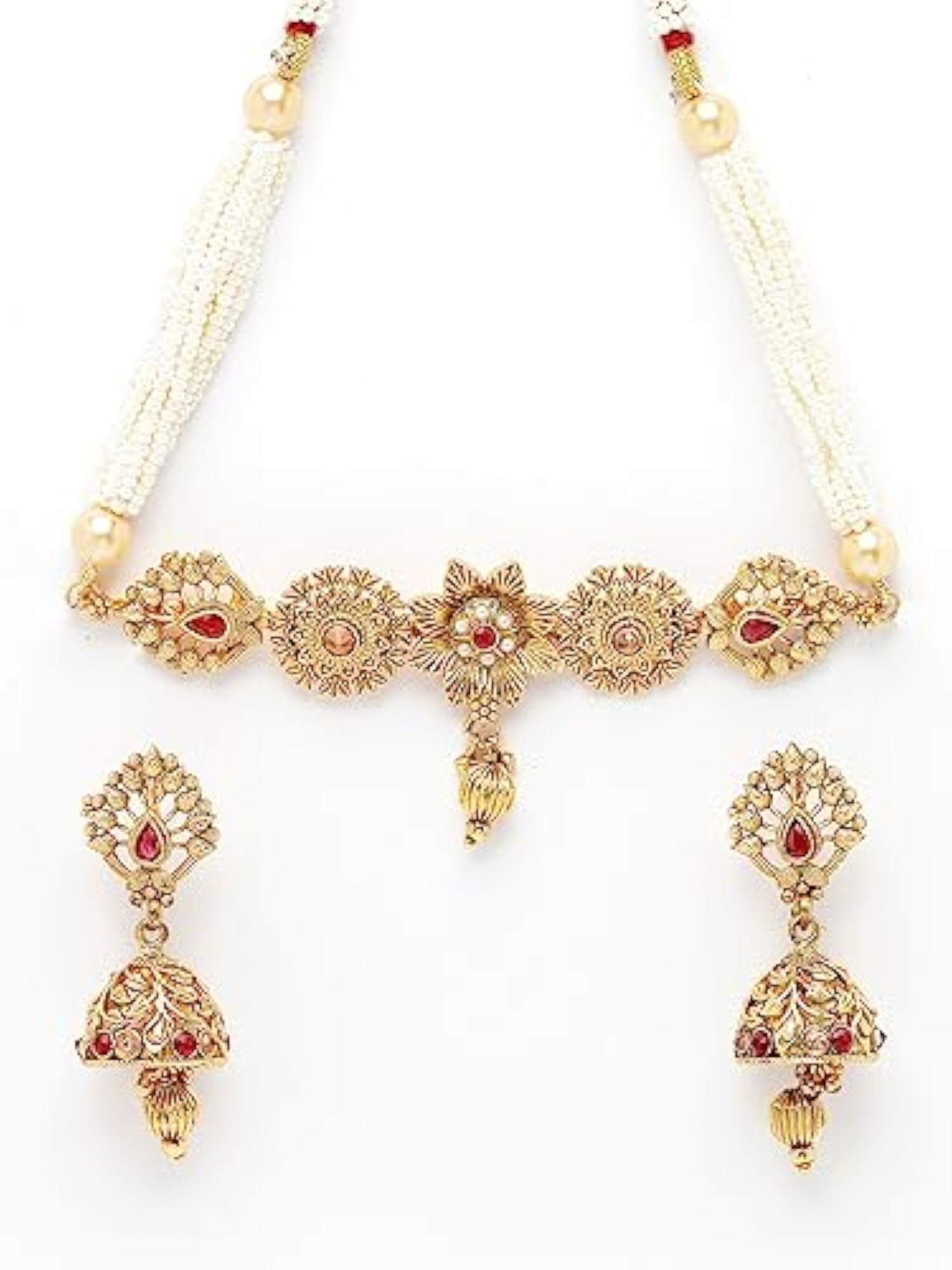 Plated Beads Floral Copper Choker Necklace Set (NS105537)