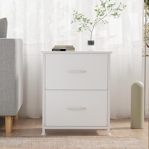 Unionly, Nightstand with Drawer, 2 Drawers Dresser for Bedroom, Small Night Stand and Dressers Sets with 2 Fabric Drawers, Mini Dressers for Entryway, End Table with Drawer for Living Room, White