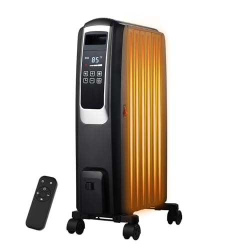 Oil Filled Radiator Heater, 1500W Electric Space Heater for Indoor Use with Remote Control & 24H Timer, Portable Room Heater with Thermostat, ECO Mode, Overheat & Tip-over Protection