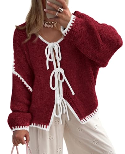 PRETTYGARDEN Women's Tie Front Bow Cardigan Sweaters Chunky Knit Long