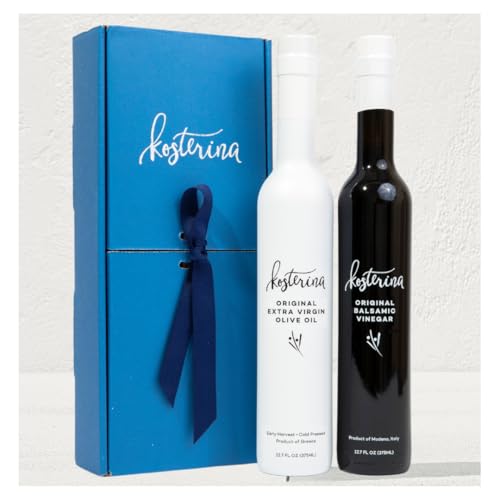 Kosterina - Dipping Duo Gift Set โ Cold-Pressed Premium Greek EVOO and Rich Balsamic Vinegar, Great for Savory Appetizers & Entrees | 12.7oz (375ml), Pack of 2