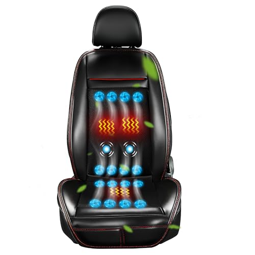 Lodintech Leather Cooling Car Seat Cover, Breathable Mesh Cooling Car Seat Cushion with Massage & 16 Fans, 3-in-1 All-Season Ventilated Seat Cover for Car SUV Truck Universal Fit (Black-1)