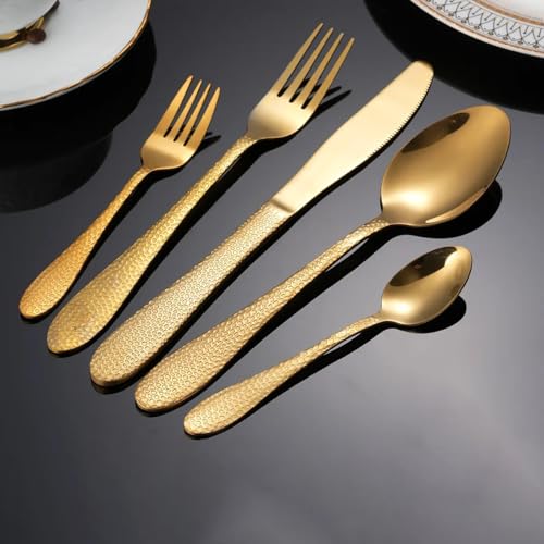 Image of Hammered Aurum Gold Silverware Set | 20-Piece Premium Stainless Steel Flatware Set | Dishwasher Safe Cutlery Set for Home, Restaurant & Gifting