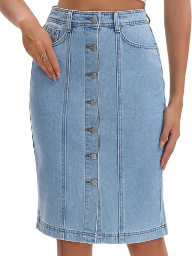 CIMUK Women's Denim Skirt Button Down Pockets 2026 Western Midi Jean Skirts Large Light Blue