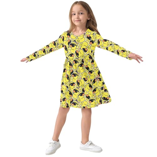 Girls Rubber Duck Dress Long Sleeve Kids Casual Crewneck A-Line Fall Dresses Midi Clothes 3-11 Years3