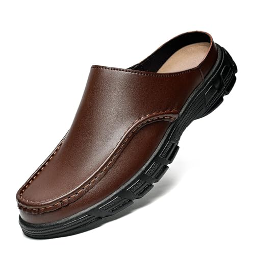 XOEKDMen's Fashion Leather Wedge Business Mule Clogs Lightweight Anti-Slip Slip On Sewing Closed Wide Toe Slingback Platform Loafers Casual Formal Wear Classic Large Size Office Slippers
