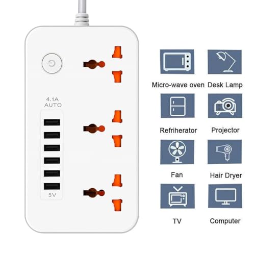 Image of Extension Board, Power Strip with 6 USB Ports and 3 Universal Socket, 2500W 10A Extension Cord, 3-Pin Surge Protector Power Strip for Home, Office, Computer, Mobile Charging (White-Z64)