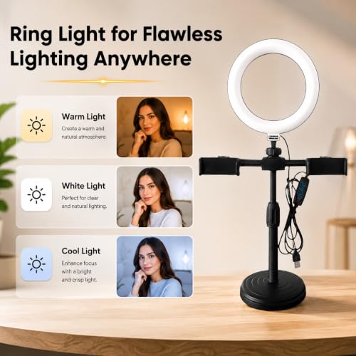 Image of Futopia Portable 6Inch (15cm) Selfie Phones LED Ring Light with Stand for Desk & 2 Phone Holders | 3 Color Modes | USB Used | Ideal for Photo & Video Shoots, Meetings & Live Streaming, Instagram Reels