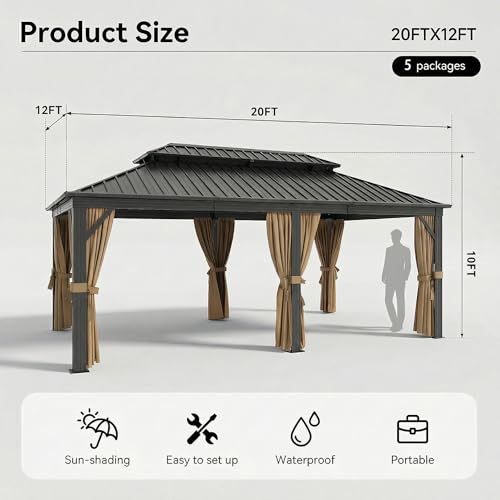 Image of Hoteel 6x8ft Grill Gazebo Hardtop with 2 Side Shelves, Outdoor BBQ Gazebo with Galvanized Steel Double Roof for Patio Backyard Garden,Brown