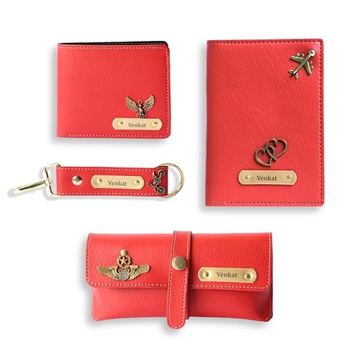 Image of Personalised All in One Men's Combo Gift (4 pcs) Customized Leather Wallets, Key Chain, Eyewear Case and Passport Cover with Name | Best Gift for Brother, Husband, Boyfriend, Father (Red)