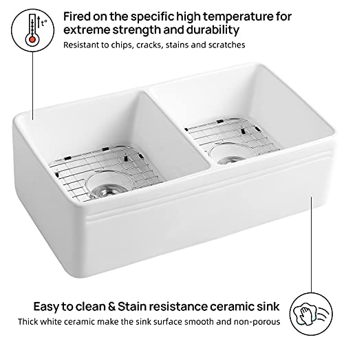 Wonline 33 Inch White Farmhouse Sink Double Bowl 50/50 Kitchen Sink Fireclay Ceramic Porcelain Apron Front Farm Sinks With Protective Bottom Grid And Strainer #TOP4