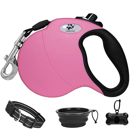 CROWN PAWS 16 ft Retractable Dog Leash for Large Dogs up to 110 lbs,Tangle-Free Nylon Tape,Pink L