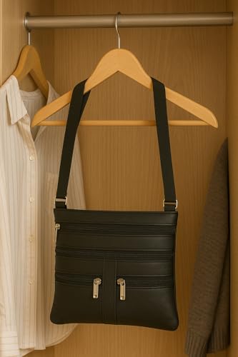 Soft Leather Cross Body Bag Purse Shoulder Bag 5 Pocket Organizer Micro Handbag Travel Wallet (Black)4