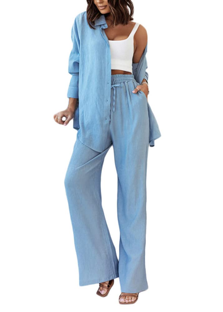 ticticlily Trajes Mujer Elegantes Dos Piezas Conjunto Traje Blusa Manga Larga Cuello V y Pantalones Largo Conjuntos de Oficina Casa Traje Casual 2 Piezas Color Sólido Verano Otoño