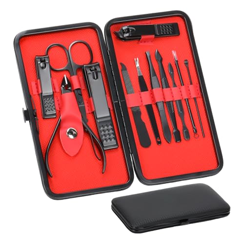XIKAYA Kit uñas,Set manicura,kit manicura,cortaúñas Kit de herramientas, profesionales para el cuidado de las uñas, de acero inoxidable con estuche, de cuero para viajes,12 en 1 negro