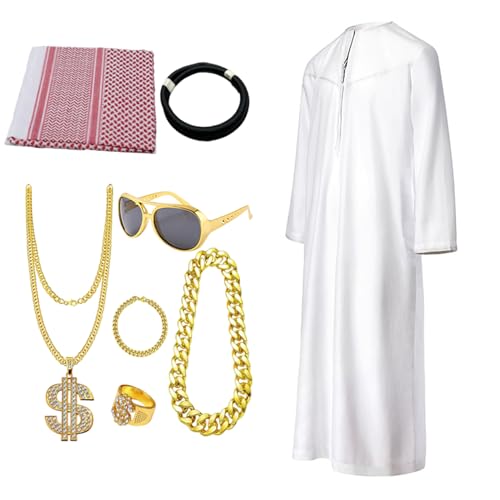 Tenue complète de Cheikh avec casque et collier dorés, robe blanche de fête pour ado