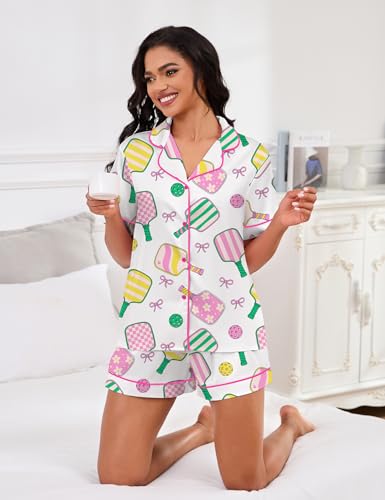 Image of SHESHOW Pajamas for Women Set Satin Button Down Short Sleeve Top and Shorts Pjs Sets Sport Ball Print Sleepwear XS-XXL