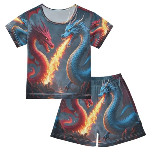 ALAZA Dragon Fire Animal Pajamas Set Short Sleeve Cotton Sleepwear Summer Pjs 2 Piece 5-14Y