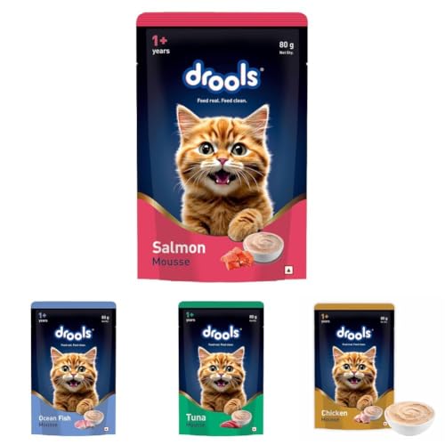 Image of Drools Adult Cat Wet Mousse, Assorted Flavours Pack of 12 (960g) | Salmon, Ocean Fish, Tuna & Chicken | Rich in Protein | Promotes Hydration | Easy to Digest