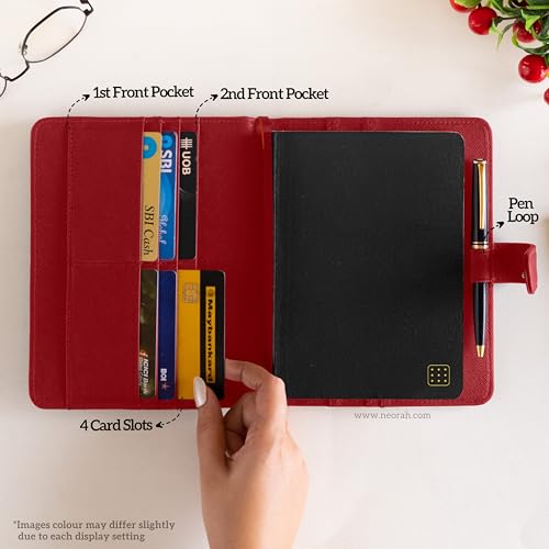 Image of NEORAH - B6 Notebook SLEEVE with SNAP Button + Dotgrid JOURNAL | Faux Leather Sleeve + Penloop | 2 Front 1 Back compartment | 6 Card Slots - RED