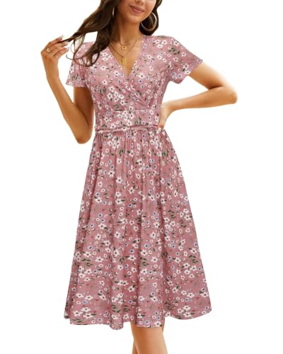 Image of Newshows Women's Pockets Wrap V Neck Floral Summer Vacation Casual Sundress | Wrinkle Free, Stretchy, Summer Beach Floral Sundress 2026, Casual Dress for Vacation, Guaduation, Side Pockets, A-line
