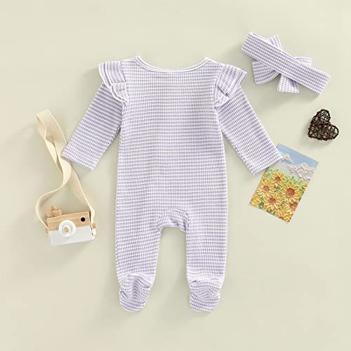 Kuriozud Newborn Baby Girl Striped Sleeper Zipper Footie Romper Ruffle One Piece Outfit Infant Clothes (0-3 Months, Striped Ruffle Purple) #TOP2