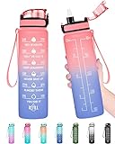 Enerbone 32 oz Water Bottle, Leakproof BPA & Toxic Free, Motivational Water Bottle with Times to Drink and Straw, Fitness Sports Water Bottle with Strap for Office, Gym, Outdoor Sports, Pink-Blue