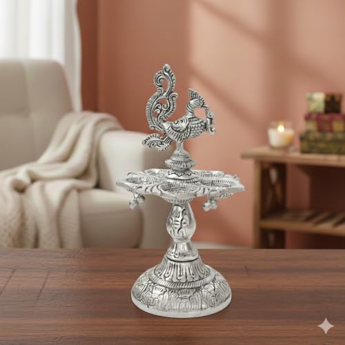 Image of Kridaykraft Metal Peacock Diya Samai Oil Lamp, Silver Finish, Traditional Indian Decor, 19 cm Height, 270 gm, Handcrafted Design