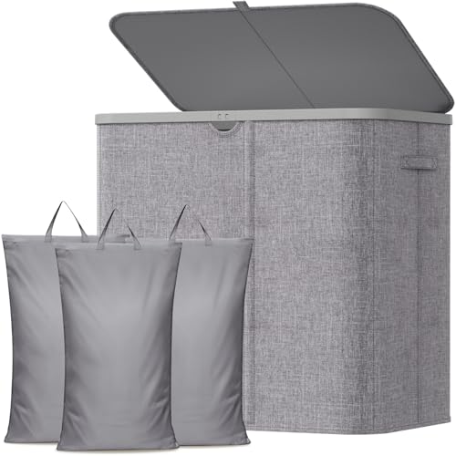 Lifewit Cesto para Ropa Sucia 145 L con Tapa, Cesta Ropa Sucia Plegable con 3 Compartimentos y Bolsas Extraíbles, Laundry Basket para Dormitorio, Baño y Lavadero, Gris