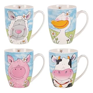 YöL Set Of 4 Mugs Farm Animals Porcelain Mug Coffee Tea Cup Multicolour 11oz Pink Blue Home Kitchen